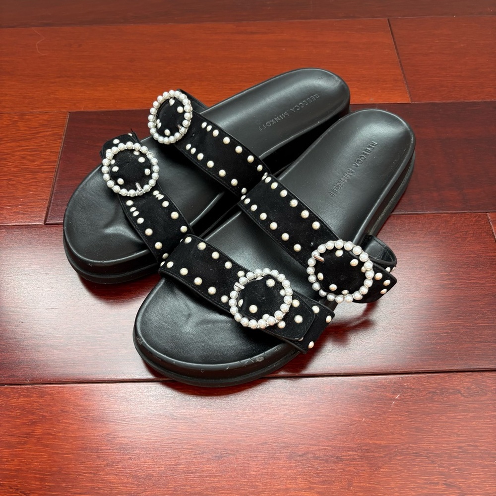 Rebecca Minkoff Veeoleeta Faux Pearl Two Strap Adjustable Slide Sandal Black